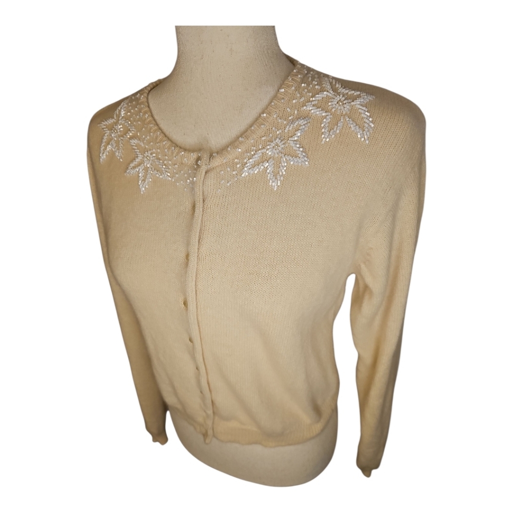 Original Airport Company USA Angora Lambswool Beaded Cardigan Sweater – Cream L